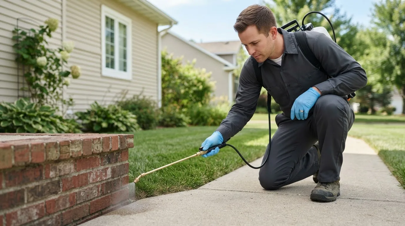 Pest control technician treating a home near Wheatland, IN